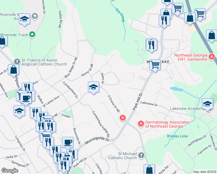 map of restaurants, bars, coffee shops, grocery stores, and more near 1337 Northwood Circle Northeast in Gainesville