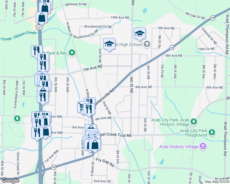 map of restaurants, bars, coffee shops, grocery stores, and more near 261 Guntersville Road in Arab
