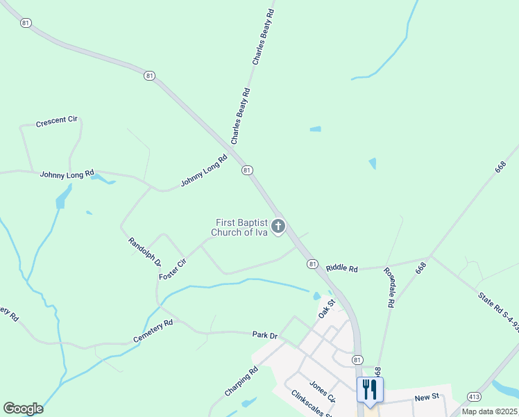 map of restaurants, bars, coffee shops, grocery stores, and more near 9520 South Carolina 81 in Iva
