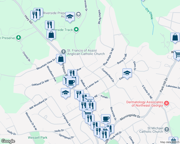 map of restaurants, bars, coffee shops, grocery stores, and more near 1504 Berkeley Court in Gainesville