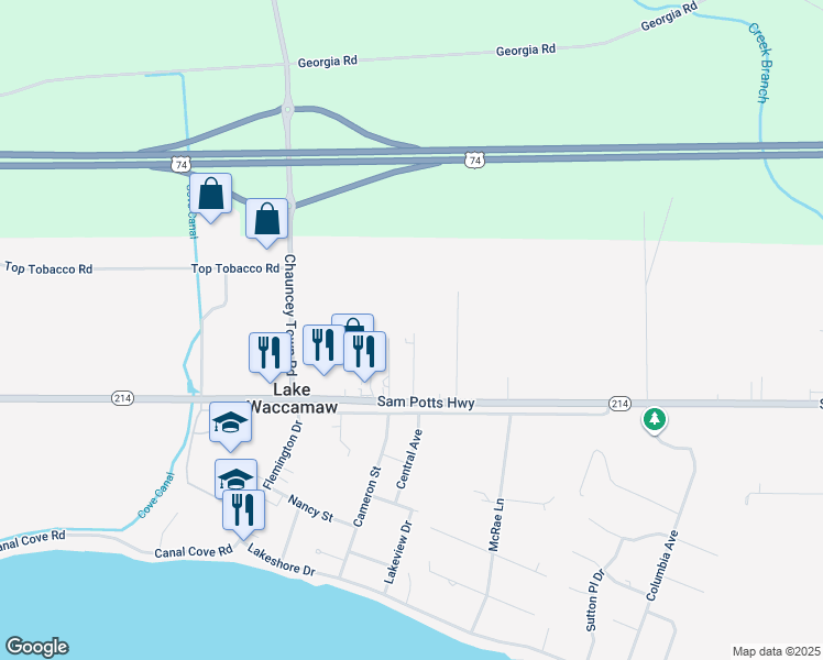 map of restaurants, bars, coffee shops, grocery stores, and more near 210 Powell Street in Lake Waccamaw