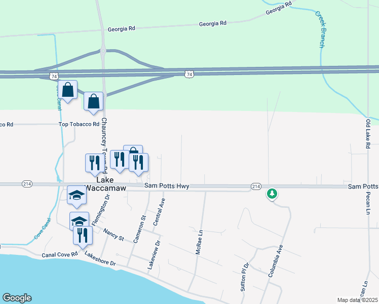 map of restaurants, bars, coffee shops, grocery stores, and more near 209 Mount Zion Street in Lake Waccamaw