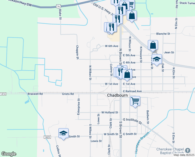map of restaurants, bars, coffee shops, grocery stores, and more near 221 West 2nd Avenue in Chadbourn