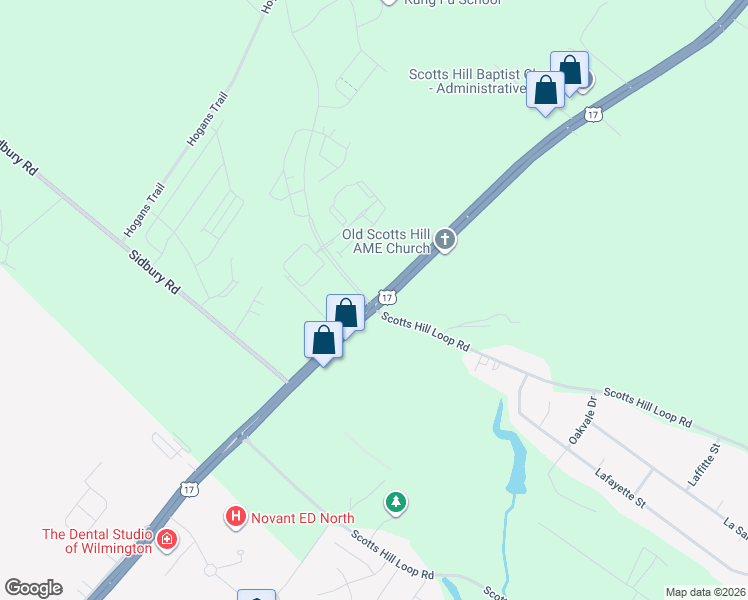 map of restaurants, bars, coffee shops, grocery stores, and more near U.S. 17 in Wilmington