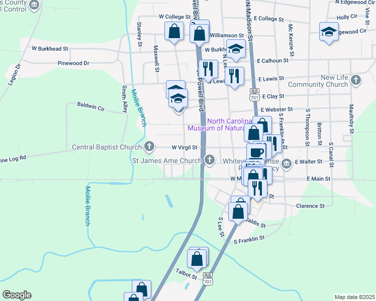 map of restaurants, bars, coffee shops, grocery stores, and more near 315 West Virgil Street in Whiteville