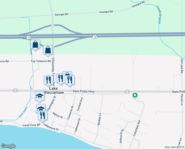 map of restaurants, bars, coffee shops, grocery stores, and more near 209 Mount Zion Street in Lake Waccamaw