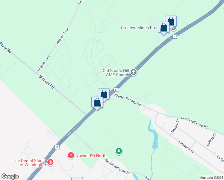 map of restaurants, bars, coffee shops, grocery stores, and more near U.S. 17 in Wilmington