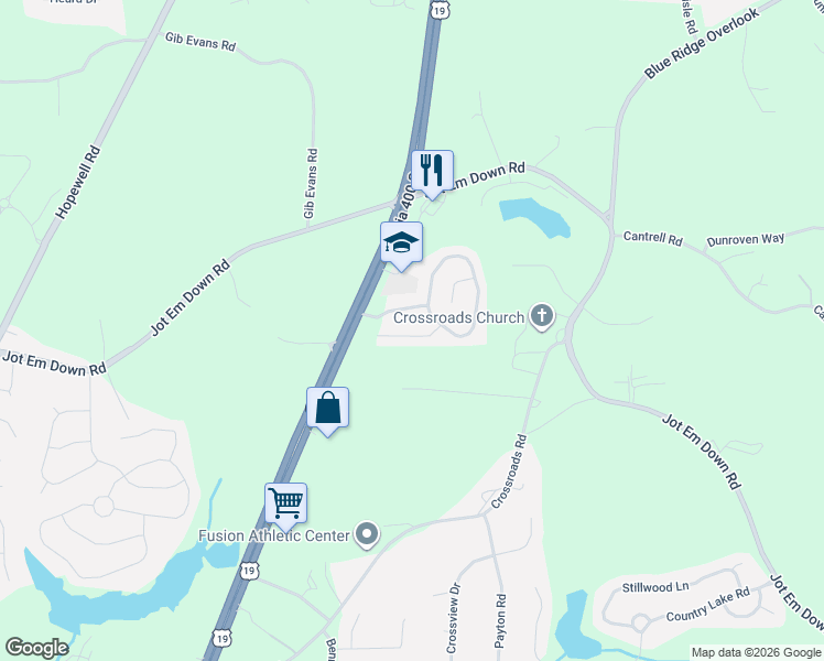 map of restaurants, bars, coffee shops, grocery stores, and more near 6190 Smoke Ridge Lane in Cumming