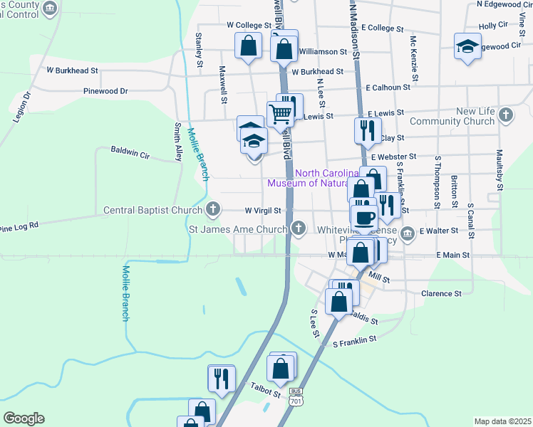 map of restaurants, bars, coffee shops, grocery stores, and more near 315 West Virgil Street in Whiteville