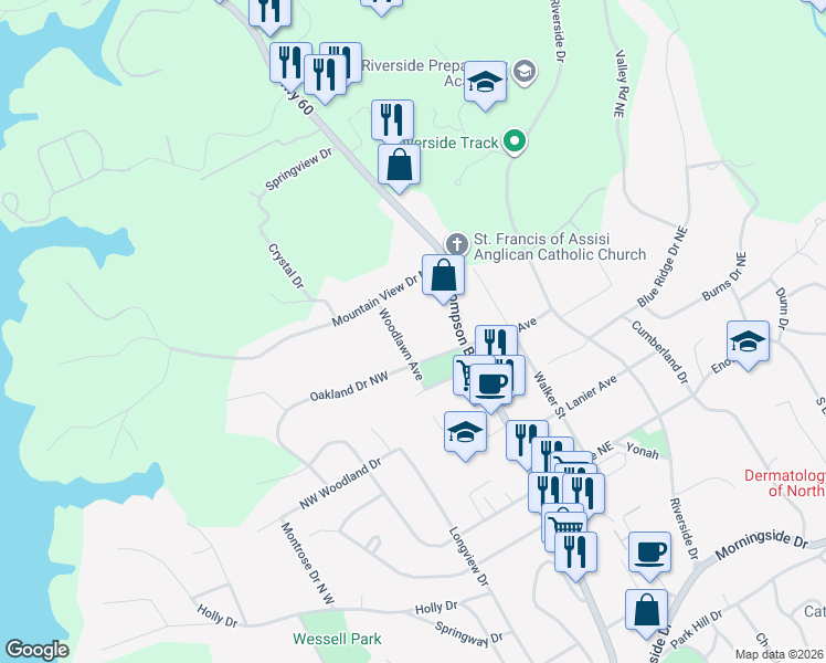 map of restaurants, bars, coffee shops, grocery stores, and more near 1674 Woodlawn Avenue in Gainesville
