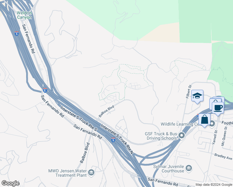 map of restaurants, bars, coffee shops, grocery stores, and more near 16706 Nicklaus Drive in Los Angeles
