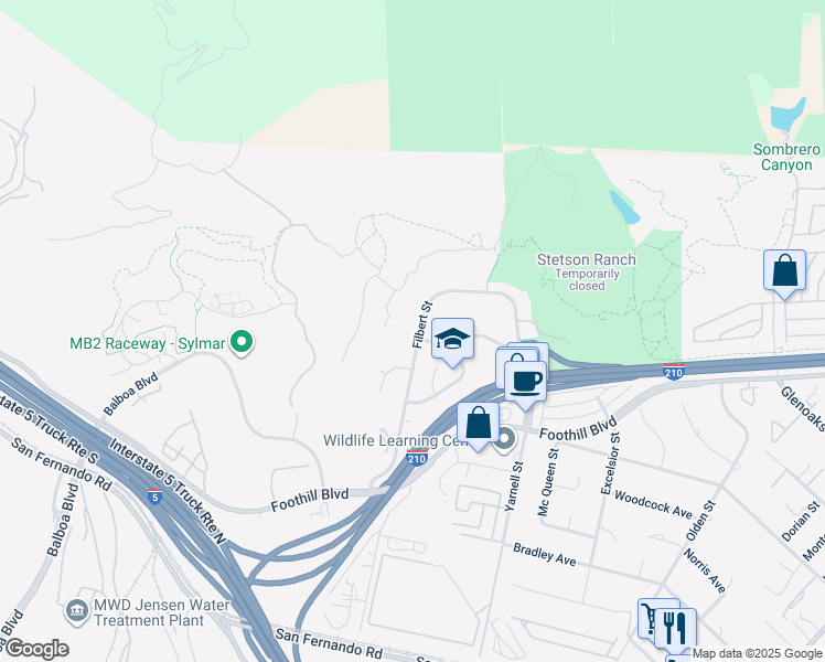 map of restaurants, bars, coffee shops, grocery stores, and more near 16001 Filbert Street in Los Angeles
