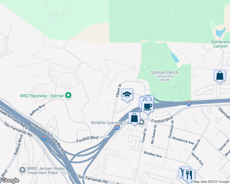 map of restaurants, bars, coffee shops, grocery stores, and more near 16001 Filbert Street in Los Angeles