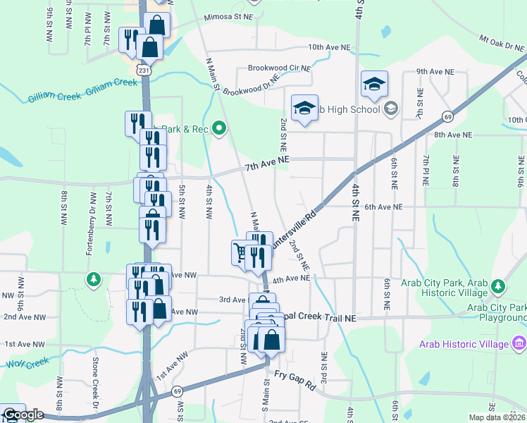 map of restaurants, bars, coffee shops, grocery stores, and more near 582 North Main Street in Arab