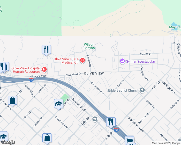 map of restaurants, bars, coffee shops, grocery stores, and more near Bledsoe Street & Olive View Drive in Los Angeles
