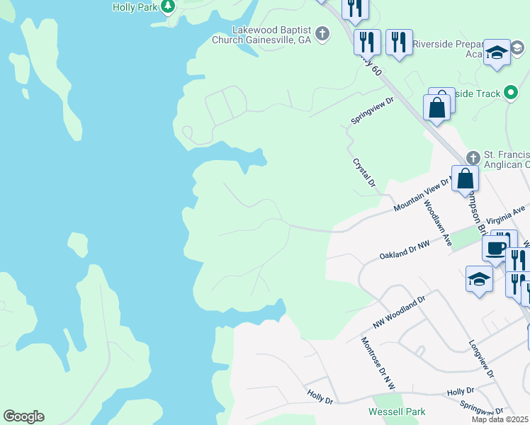 map of restaurants, bars, coffee shops, grocery stores, and more near 565 Mountain View Circle in Gainesville