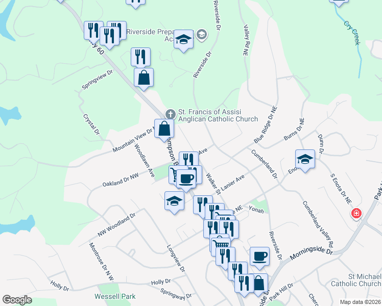 map of restaurants, bars, coffee shops, grocery stores, and more near 987 Virginia Avenue in Gainesville