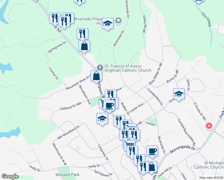 map of restaurants, bars, coffee shops, grocery stores, and more near 987 Virginia Avenue in Gainesville