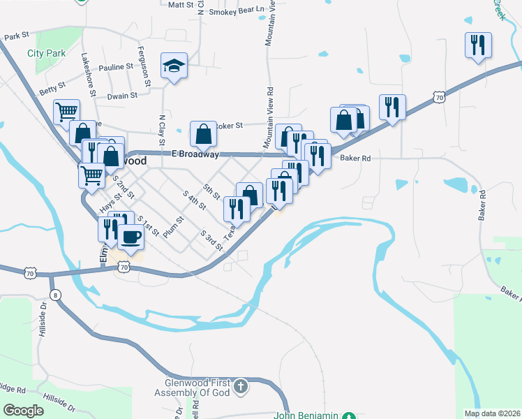 map of restaurants, bars, coffee shops, grocery stores, and more near 155 U.S. 70 in Glenwood