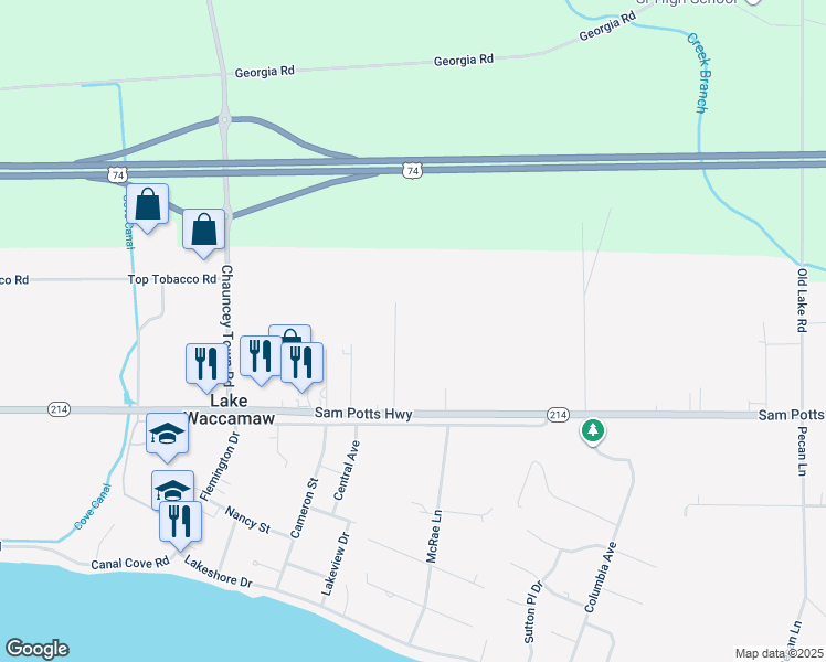 map of restaurants, bars, coffee shops, grocery stores, and more near 213 Mount Zion Street in Lake Waccamaw