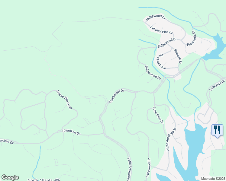 map of restaurants, bars, coffee shops, grocery stores, and more near 302 Chickasaw Drive in Waleska