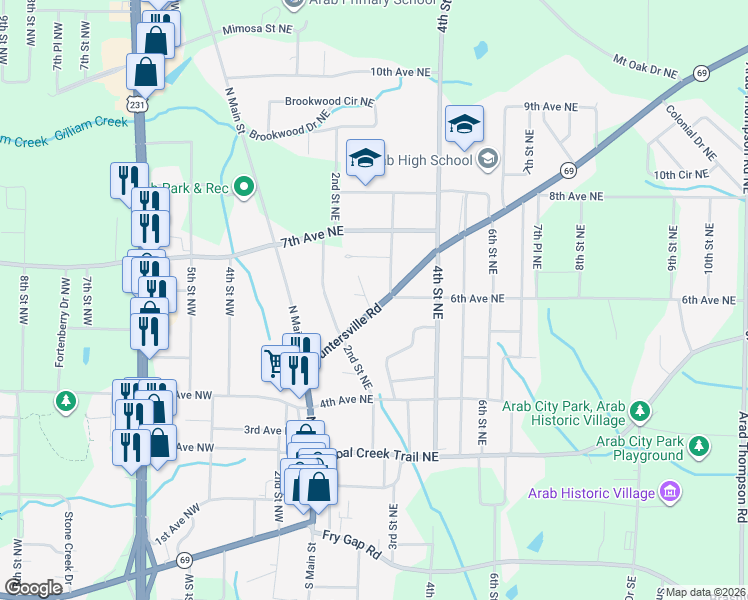 map of restaurants, bars, coffee shops, grocery stores, and more near 261 Guntersville Road in Arab