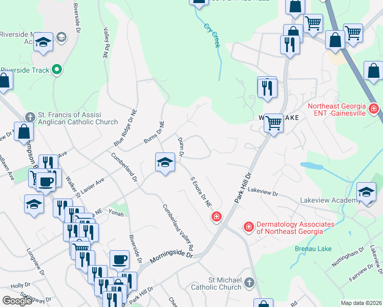 map of restaurants, bars, coffee shops, grocery stores, and more near 1337 Northwood Circle Northeast in Gainesville