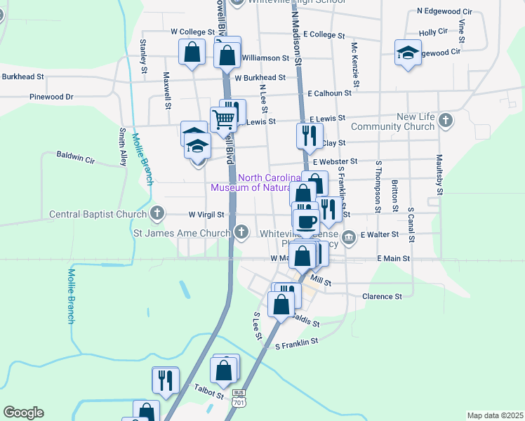 map of restaurants, bars, coffee shops, grocery stores, and more near 206 West Virgil Street in Whiteville