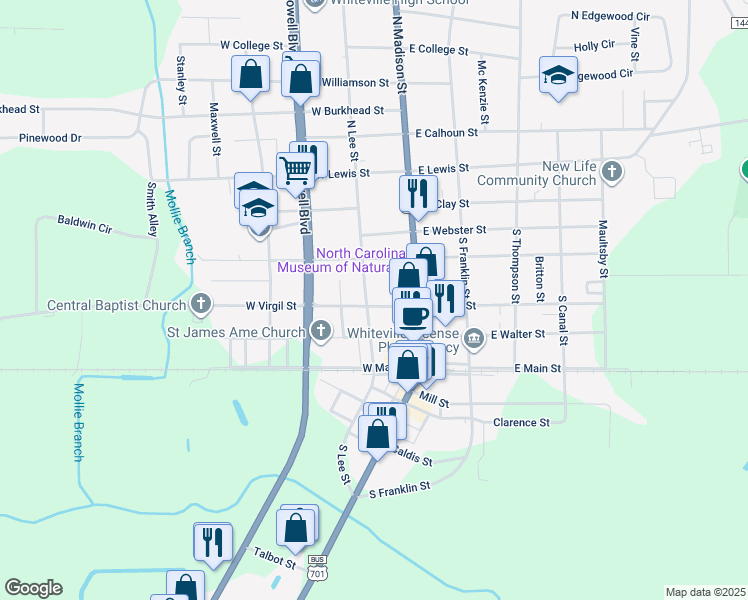 map of restaurants, bars, coffee shops, grocery stores, and more near 433 South Lee Street in Whiteville