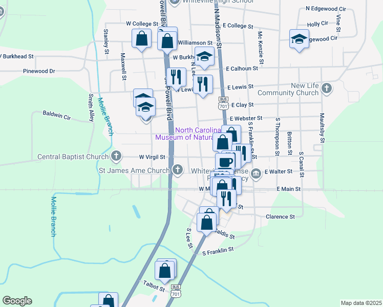 map of restaurants, bars, coffee shops, grocery stores, and more near 206 West Virgil Street in Whiteville