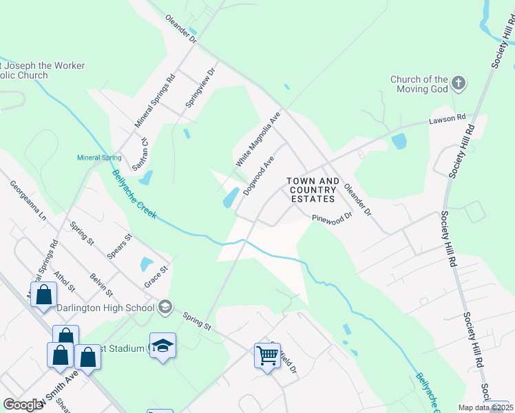 map of restaurants, bars, coffee shops, grocery stores, and more near 203 Lawson Road in Darlington
