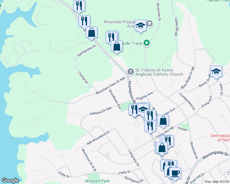 map of restaurants, bars, coffee shops, grocery stores, and more near 1674 Woodlawn Avenue in Gainesville