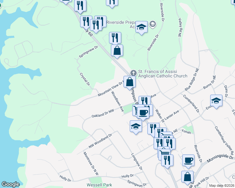 map of restaurants, bars, coffee shops, grocery stores, and more near 1710 Woodlawn Avenue in Gainesville