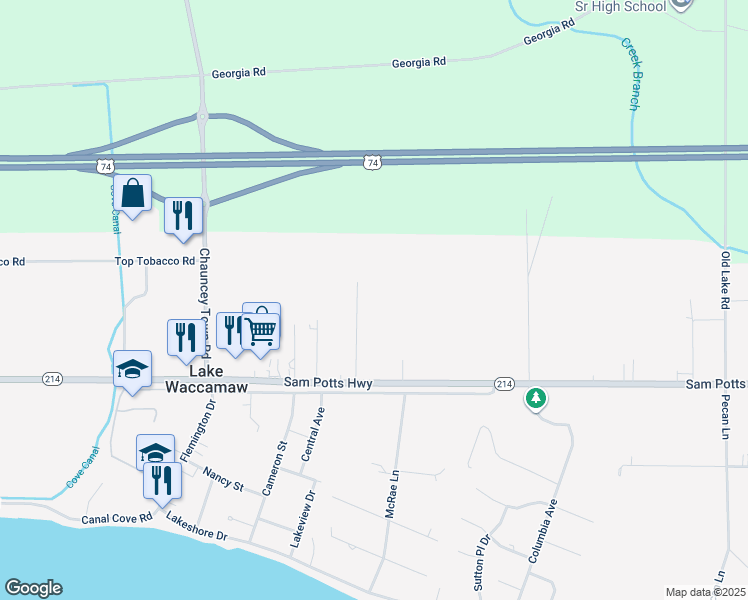 map of restaurants, bars, coffee shops, grocery stores, and more near 213 Mount Zion Street in Lake Waccamaw