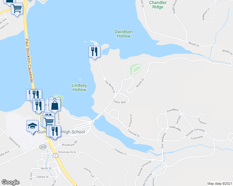 map of restaurants, bars, coffee shops, grocery stores, and more near 7042 Val Monte Drive in Guntersville