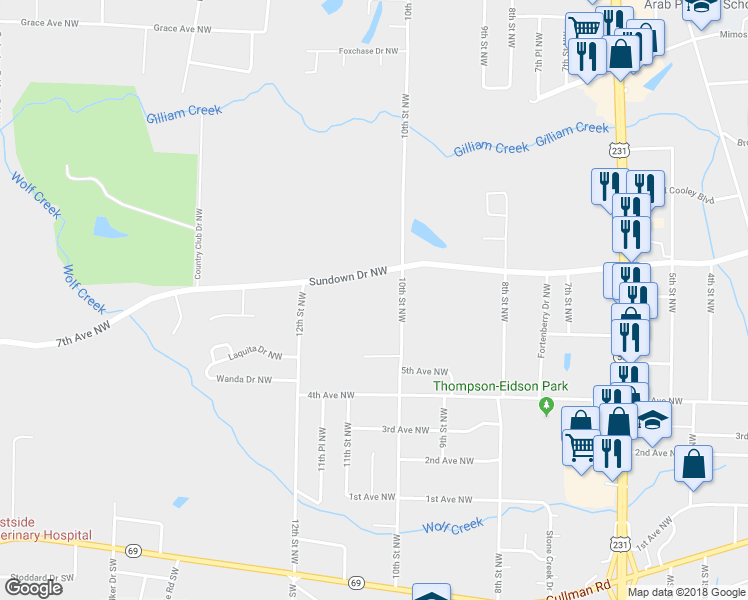 map of restaurants, bars, coffee shops, grocery stores, and more near 627 10th Street Northwest in Arab