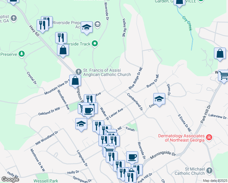 map of restaurants, bars, coffee shops, grocery stores, and more near 1456 Heritage Road in Gainesville