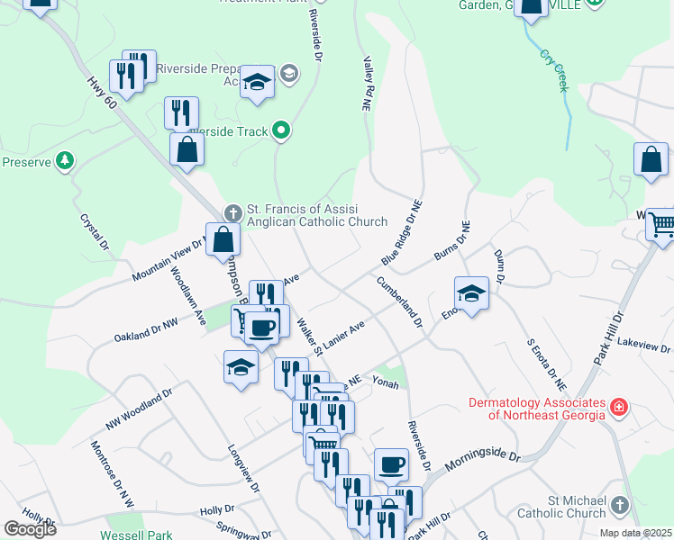 map of restaurants, bars, coffee shops, grocery stores, and more near 1504 Berkeley Court in Gainesville
