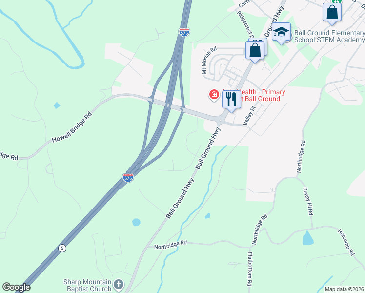 map of restaurants, bars, coffee shops, grocery stores, and more near 7845-8045 Ball Ground Highway in Ball Ground