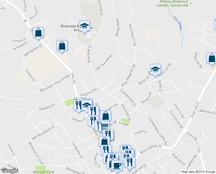 map of restaurants, bars, coffee shops, grocery stores, and more near 1456 Heritage Road in Gainesville