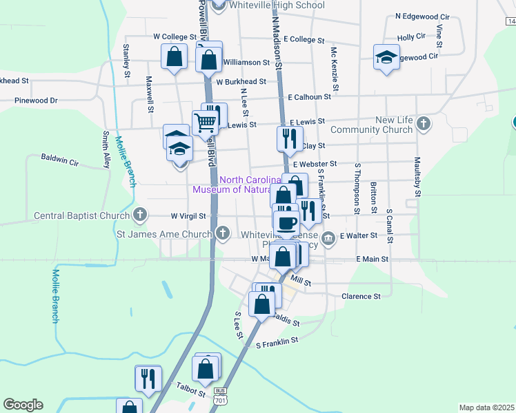 map of restaurants, bars, coffee shops, grocery stores, and more near 433 South Lee Street in Whiteville