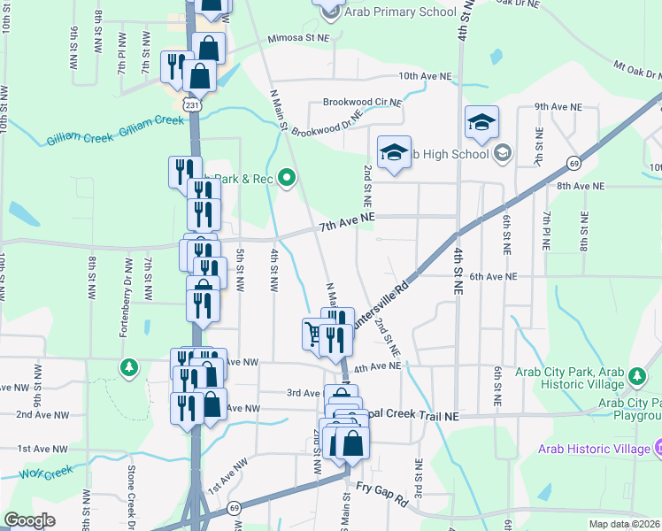 map of restaurants, bars, coffee shops, grocery stores, and more near 582 North Main Street in Arab