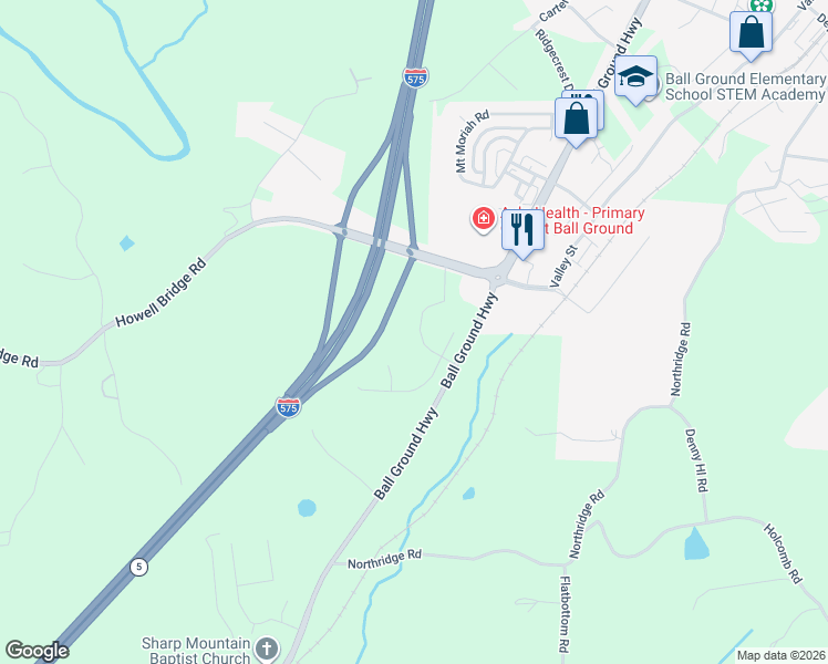 map of restaurants, bars, coffee shops, grocery stores, and more near 7845-8045 Ball Ground Highway in Ball Ground