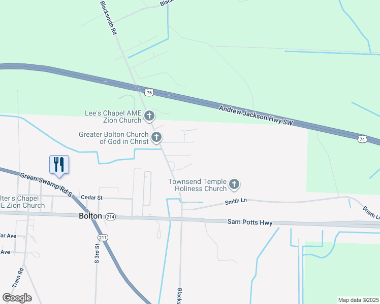 map of restaurants, bars, coffee shops, grocery stores, and more near 215 Blacksmith Road in Bolton