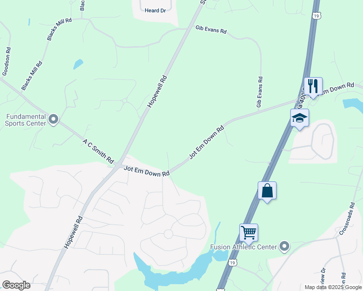 map of restaurants, bars, coffee shops, grocery stores, and more near 4275 Jot Em Down Road in Cumming