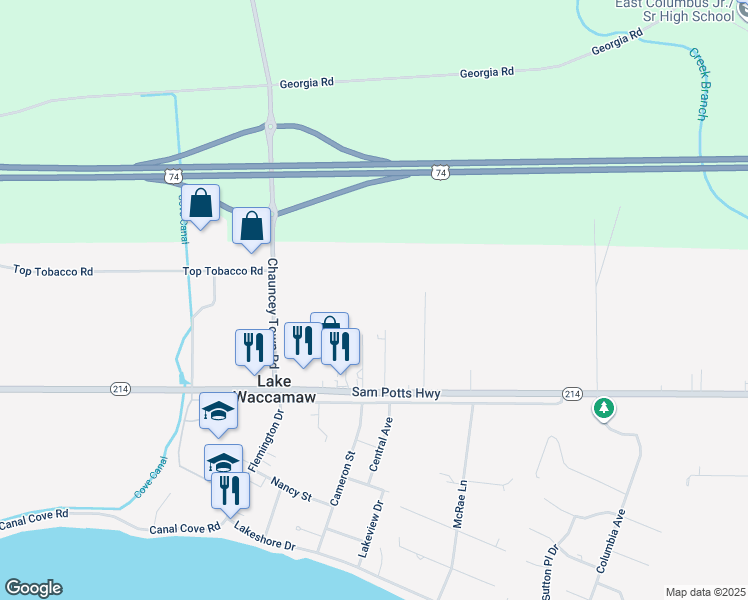 map of restaurants, bars, coffee shops, grocery stores, and more near 210 Powell Street in Lake Waccamaw