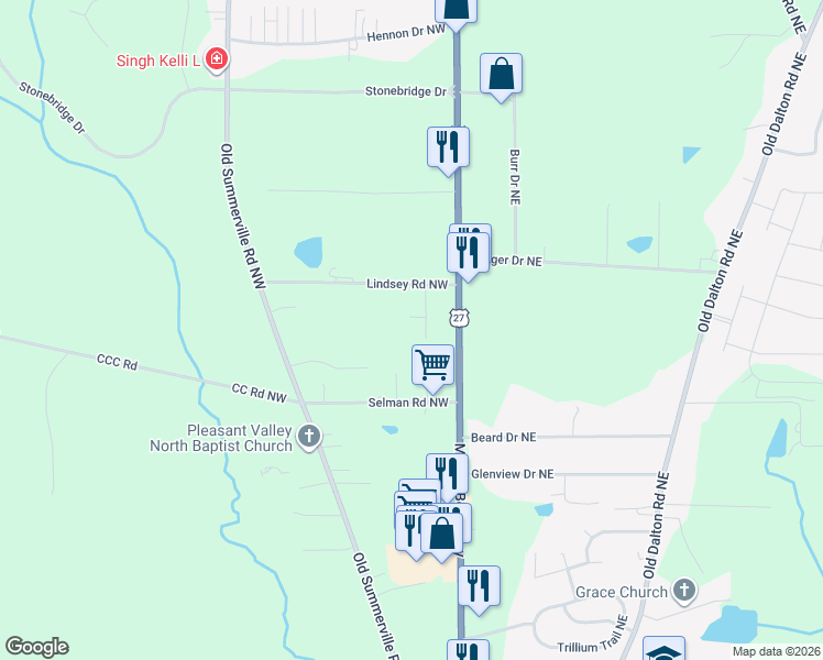 map of restaurants, bars, coffee shops, grocery stores, and more near 37 Lindsey Road Northwest in Rome