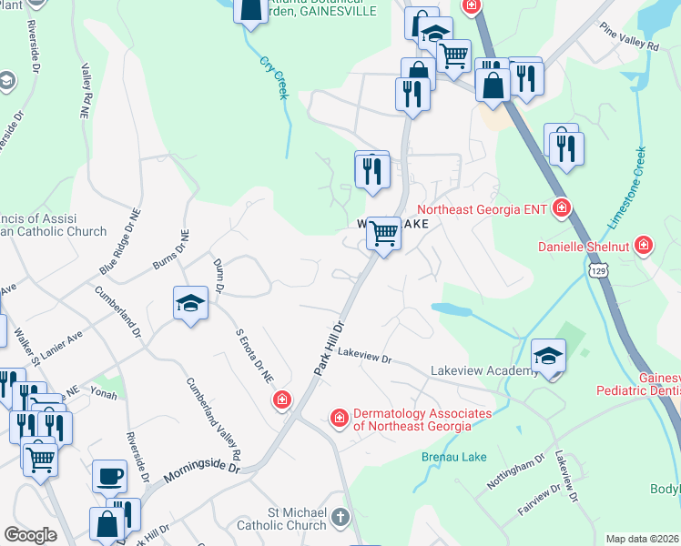 map of restaurants, bars, coffee shops, grocery stores, and more near 1450 Kensington Way in Gainesville