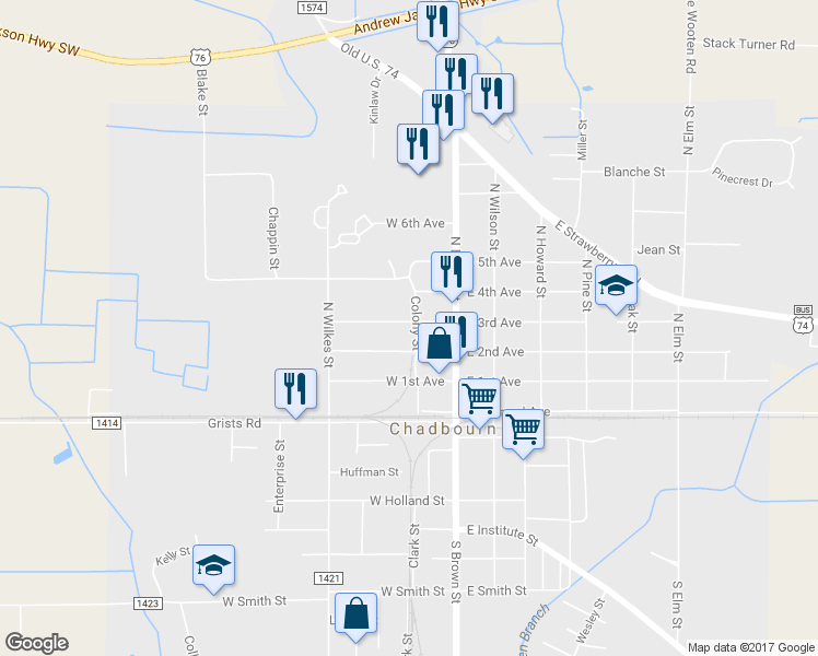 map of restaurants, bars, coffee shops, grocery stores, and more near 205 West 3rd Avenue in Chadbourn