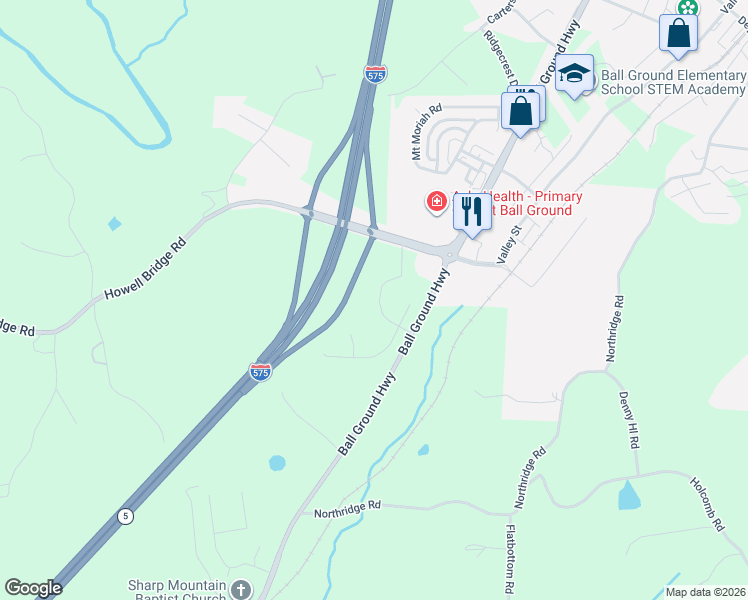 map of restaurants, bars, coffee shops, grocery stores, and more near 143 Marble Tree Way in Ball Ground